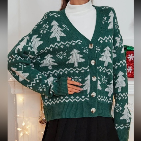Christmas Tree Pattern Drop Shoulder V Neck Cardigan - Picture 6 of 11